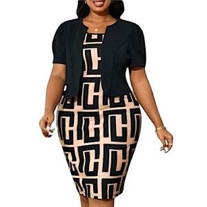 NWT 2pc Geometric Patterned Black and Tan Dress with Puff Sleeve Jacket Size 18